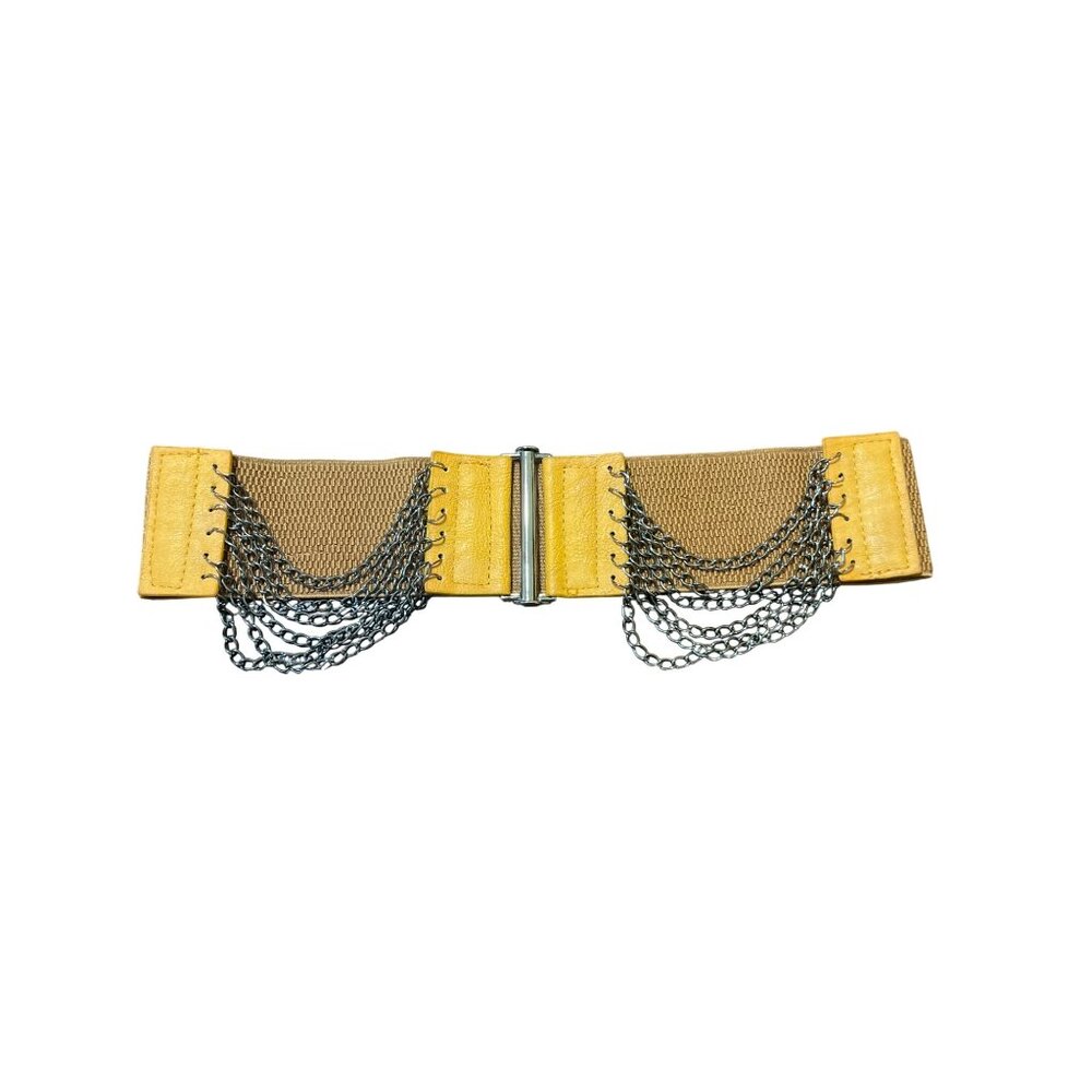 Light Brown Elastic Waist Cincher Belt Chain Detail Clasp Closure Stretch New